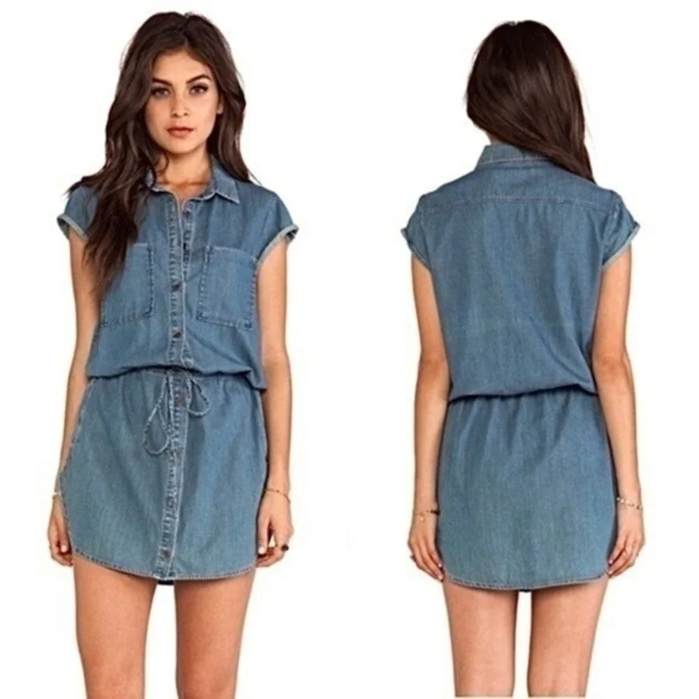 PAIGE Flyer Denim Short Sleeve Drawstring Waist Mini Shirtdress Size M - Picture 15 of 15